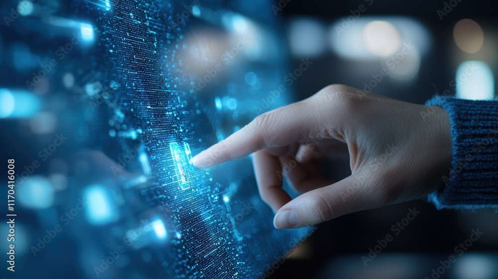 Poster A hand interacts with a digital interface, showcasing a futuristic display of glowing data points and connections.