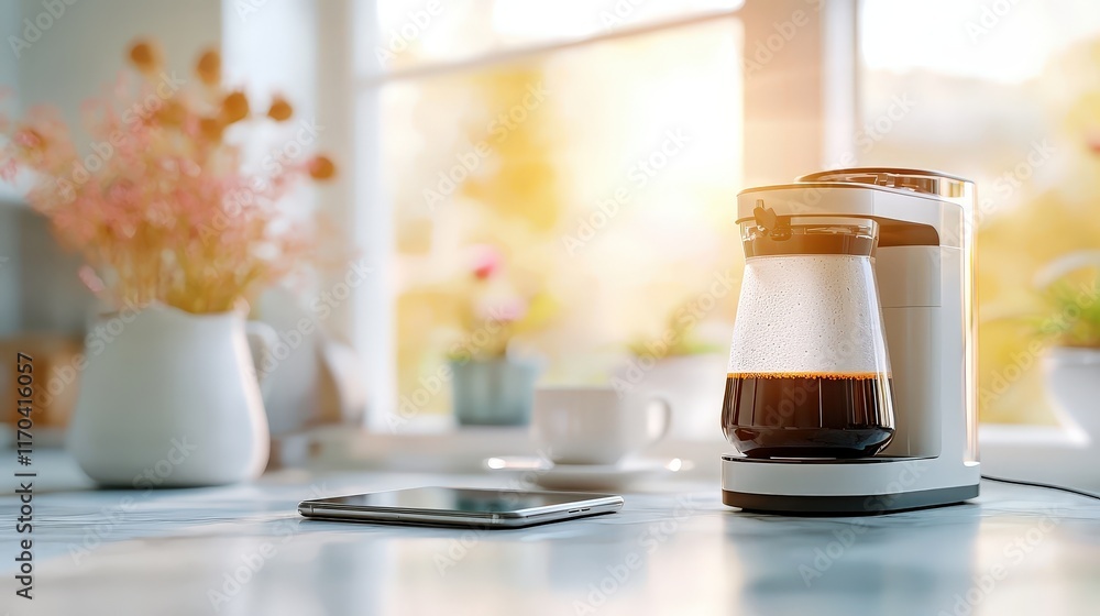 Poster a smartphone controlling the temperature of a smart coffee maker.
