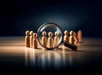 A magnifying glass focuses on a group of small wooden figures, highlighting a selection process or detailed examination of individuals within a larger crowd.  The scene suggests careful consideration 