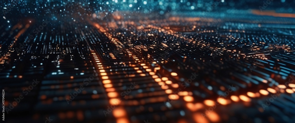 Poster digital cityscape: glowing grid of data streams