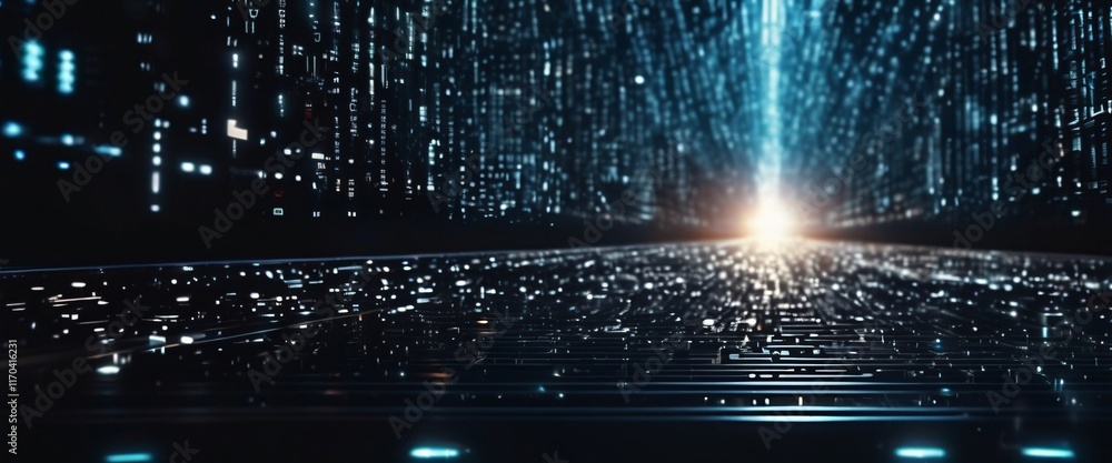 Aufkleber digital river of data: abstract digital landscape with glowing data streams flowing towards a bright