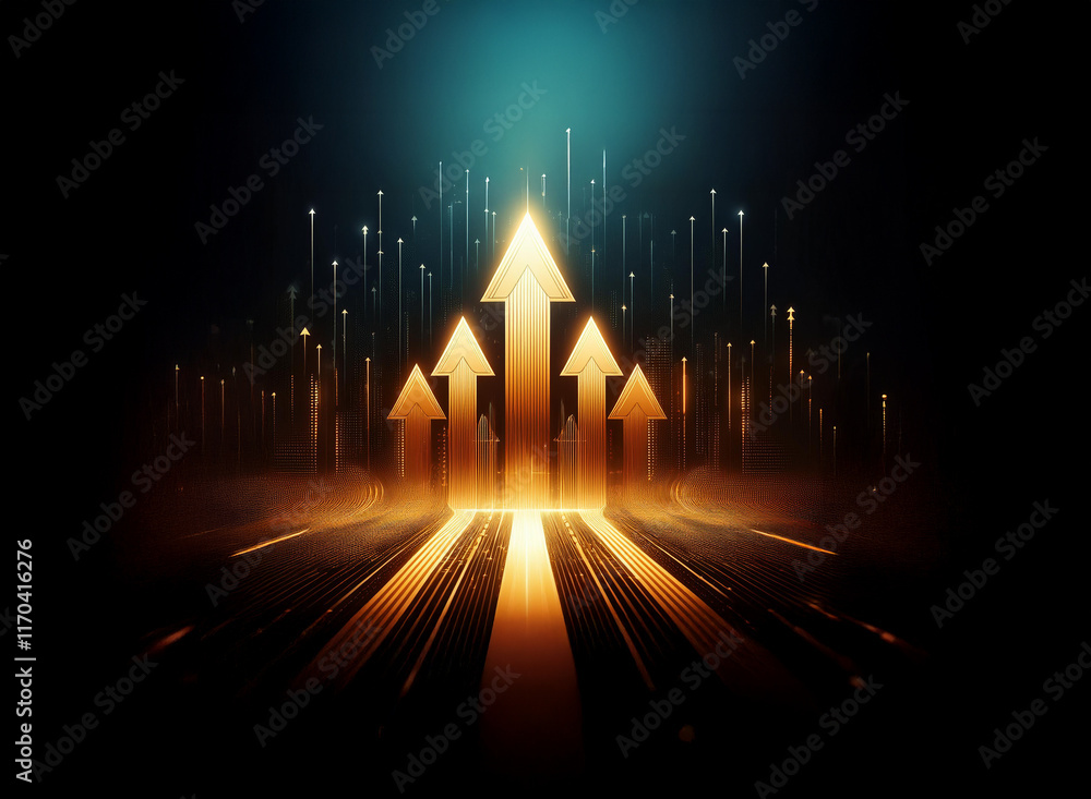 Poster golden arrows ascend from a glowing path, symbolizing growth and progress within a digital landscape