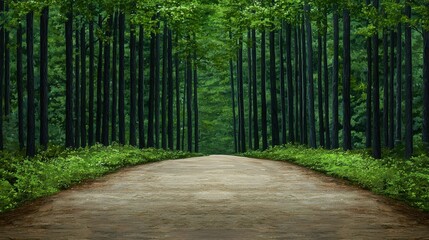 Fototapeta premium Serene Tree-Lined Path in Lush Green Forest Landscape