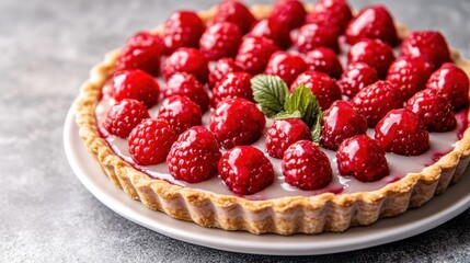 Raspberry tart with glaze and fresh berries on white plate