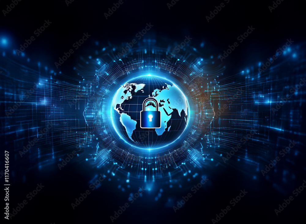 Poster a glowing blue earth encircled by a digital security lock, representing global cybersecurity and dat