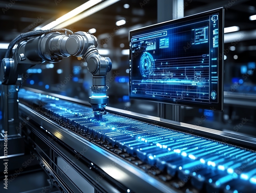 Poster industrial robot arm: precision automation in a futuristic factory