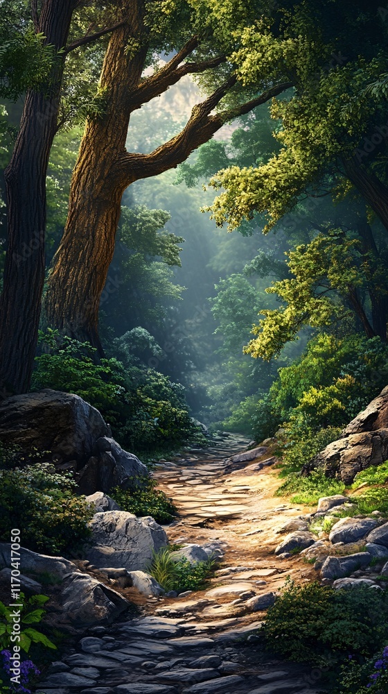 Aufkleber a tranquil forest path illuminated by soft sunlight filtering through tall trees.