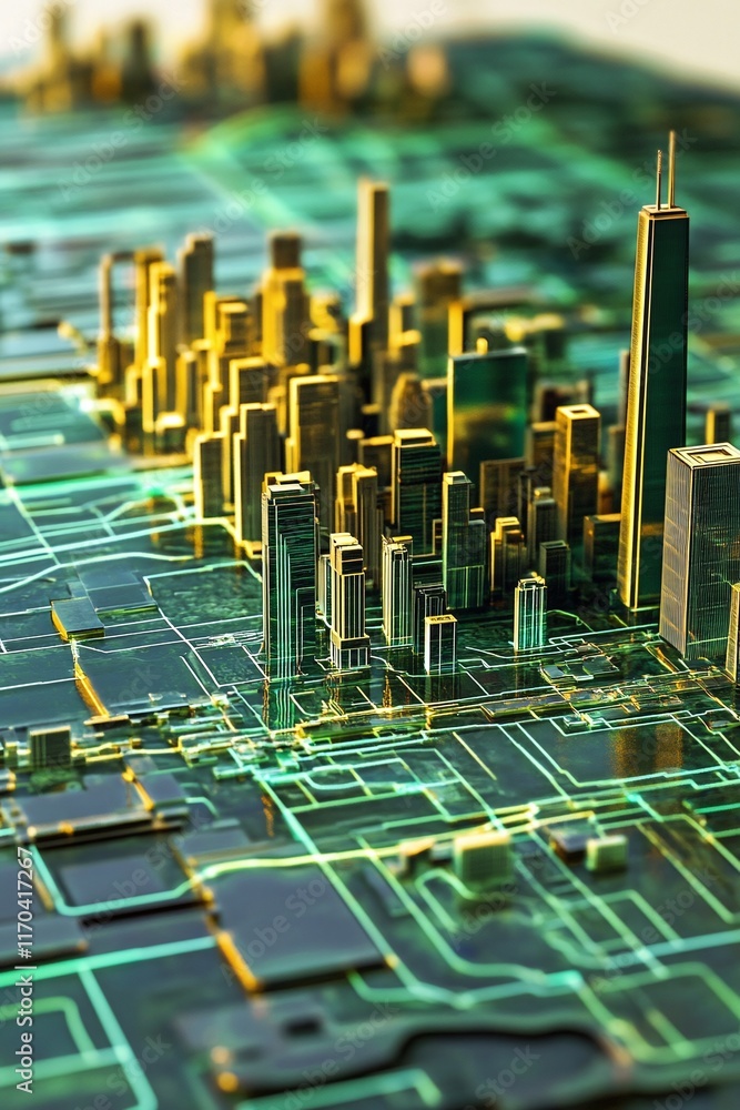 Aufkleber a high-tech 3d gis map showing wireless data transfer between major cities.