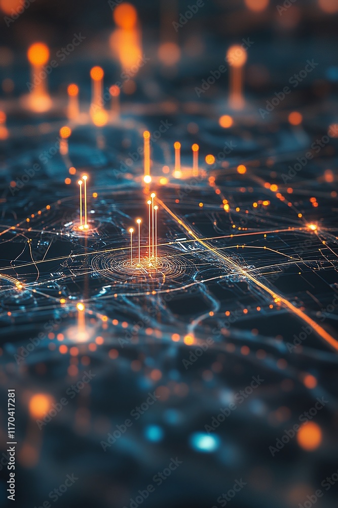 Aufkleber a high-tech 3d gis map showing wireless data transfer between major cities.