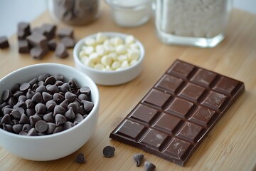 Fototapeta premium A bar of milk chocolate and a small dish of chocolate chips placed on a wooden countertop, with ingredients for baking nearby