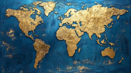 Gold world map on textured blue background