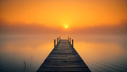 Fototapeta premium Serene Sunrise: Wooden Dock Extending into Misty Lake