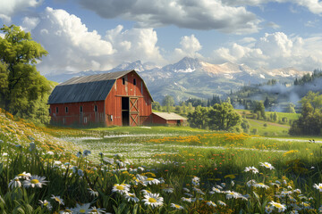 A wooden shed in a flowery field. Scenic rural farm with snow capped mountains.
