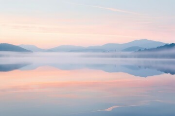 Obraz premium A serene landscape at dawn with mist over a calm lake and distant mountains.