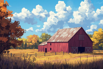 Illustration of a traditional red barn in a wheat field. idyllic rural scene.