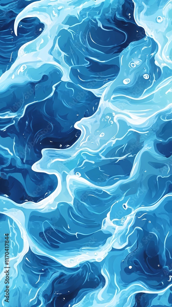 Poster vibrant blue ocean waves with intricate patterns and textures, creating a dynamic and energetic feel