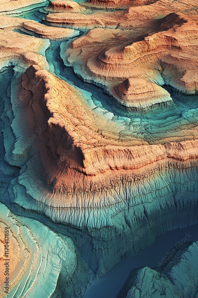 Aufkleber a layered 3d terrain map showing river systems with gis data overlays.