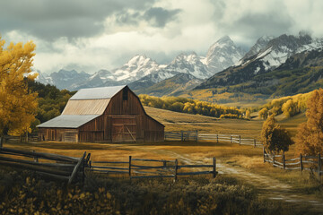 Panoramic scene of a wooden barn and snow-capped mountains in the distance. 