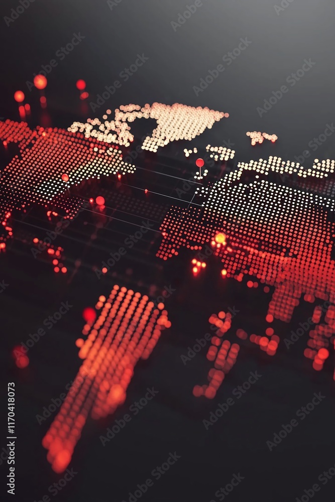 Poster a minimalist 3d world map with glowing pins representing international data hubs.