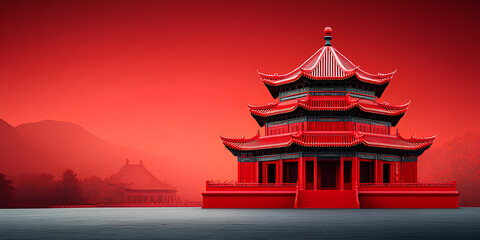 Fototapeta premium 3d miniature red chinese temple with a minimalist red background
