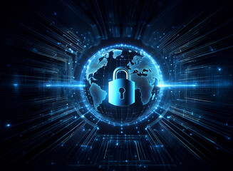 A glowing digital globe encircled by a padlock, symbolizing global cybersecurity and data protection within a futuristic technological landscape.