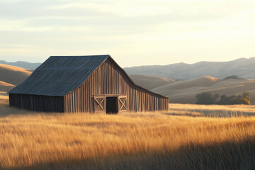 Obraz premium Wooden barn in a wheat field. Charming rural scene.