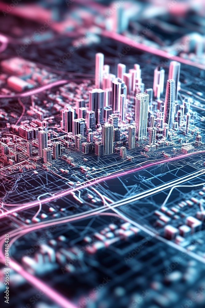 Poster a polished 3d city map with digital traffic analysis and spatial connections.