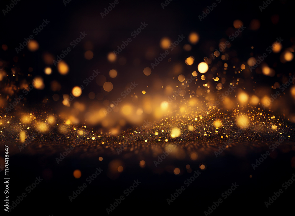 Poster glimmering gold particles and bokeh lights illuminate a dark background, creating a luxurious and ma