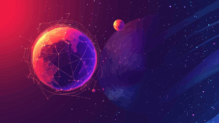 Low Poly Earth and Moon in Outer Space with Polygonal Mesh and Connected Dots for Solar System Exploration Concept