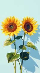 Two vibrant sunflowers against a light blue backdrop, showcasing their bright yellow petals and green leaves.