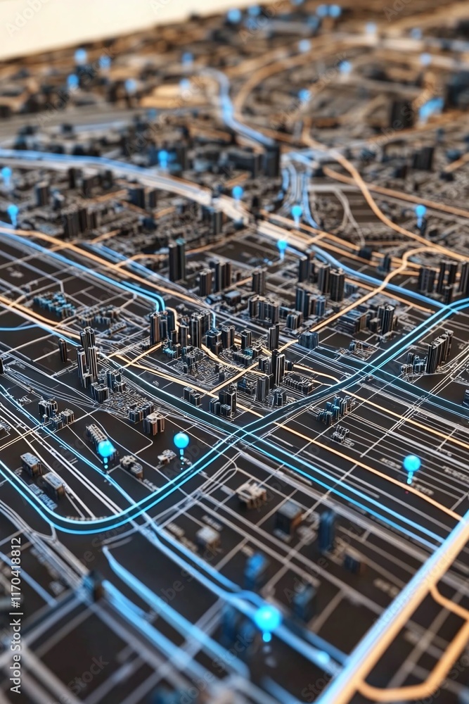 Poster a regional 3d map with transportation lines and location pins.