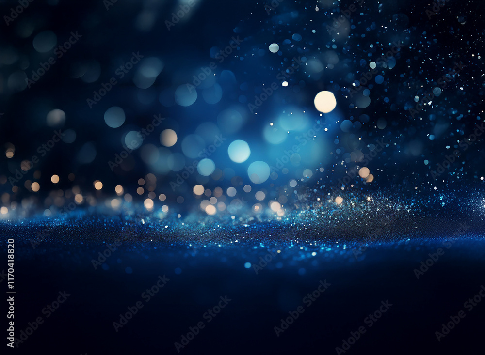 Poster abstract image of shimmering blue particles and bokeh lights, evoking a sense of depth and ethereal 