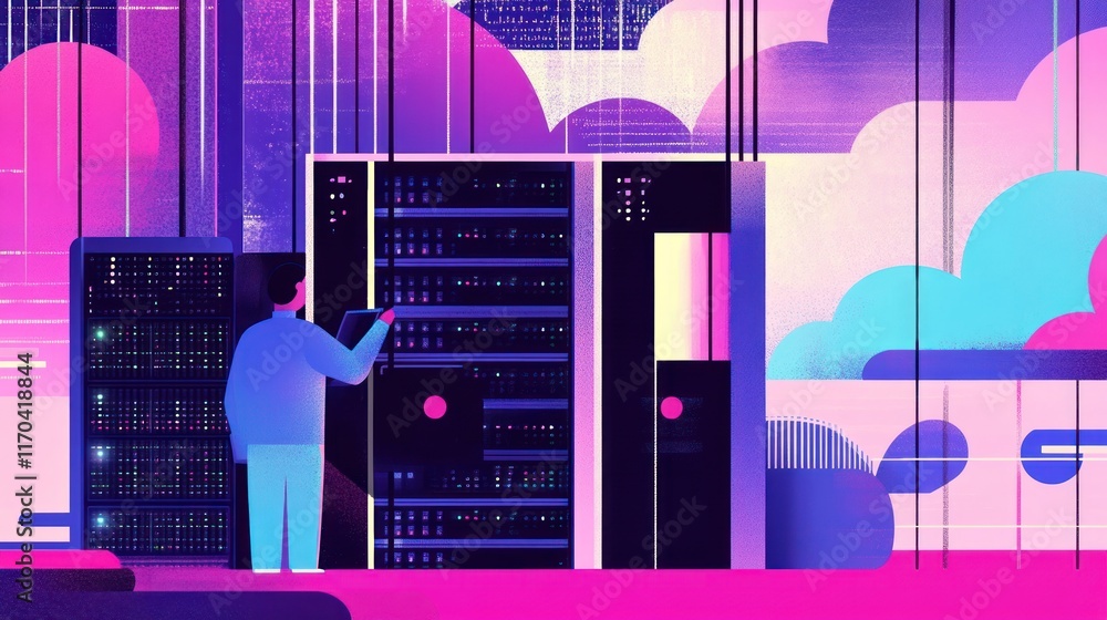 Poster a person working on a server rack in a modern data center. colorful digital illustration of a techni