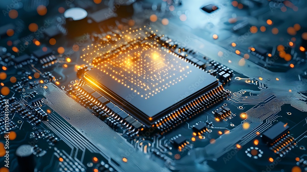 Poster futuristic image of a quantum computer processor chip integrated with a glowing digital overlay repr