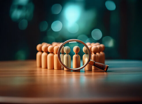 A magnifying glass focuses on a single light-colored wooden figure within a group of similar figures, highlighting the importance of individual selection from a crowd.