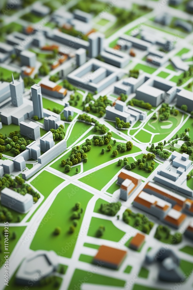 Poster a smart city 3d map highlighting green spaces with gis pathways.