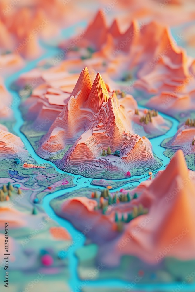 Poster a stylized 3d landscape map with environmental gis data pathways.