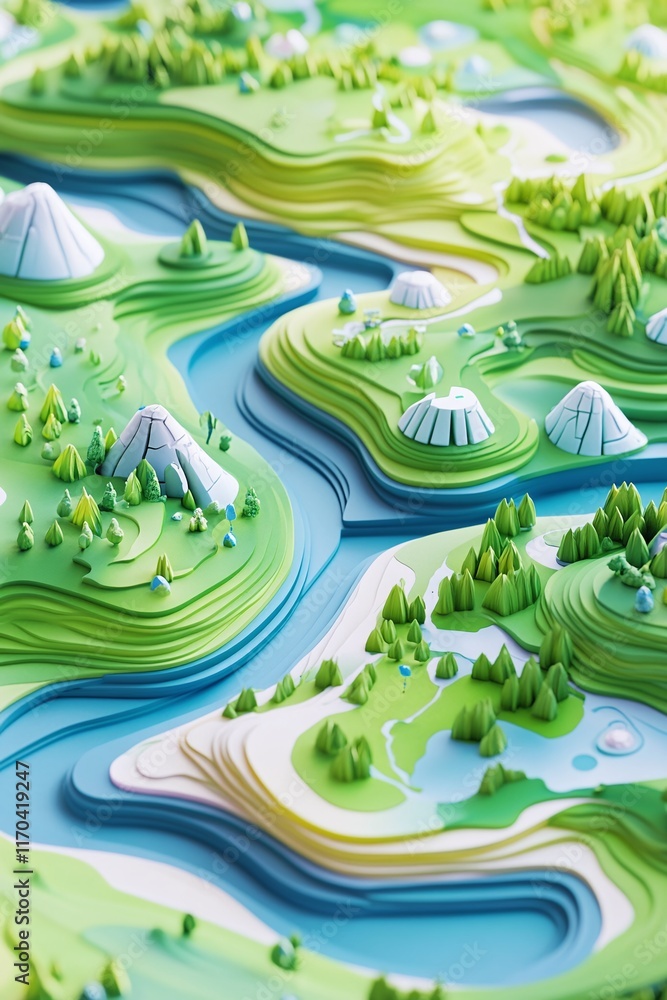 Aufkleber a stylized 3d landscape map with environmental gis data pathways.