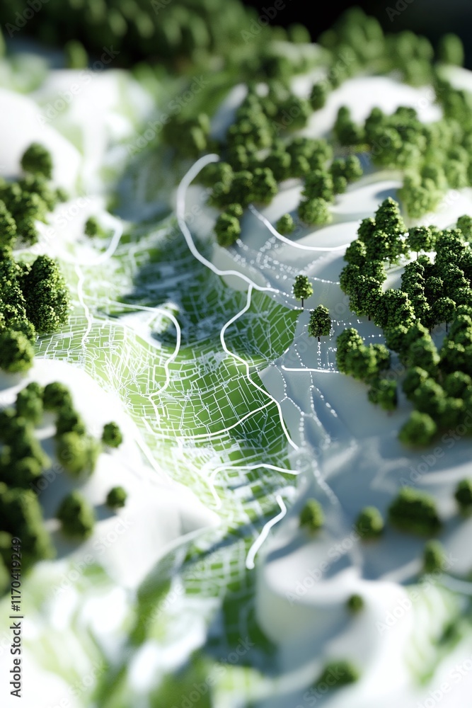 Aufkleber a stylized 3d landscape map with environmental gis data pathways.