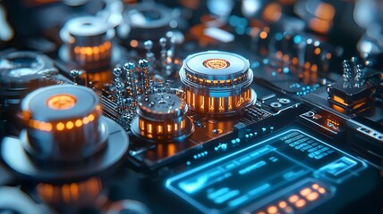 Close up view of quantum bits or qubits within a futuristic superconducting quantum computer interface leaving ample copy space for text overlay or design elements
