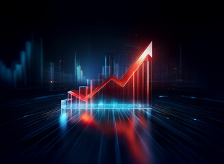 A vibrant, upward-trending graph glows brightly against a dark, futuristic cityscape backdrop, symbolizing growth and progress in a technological landscape.