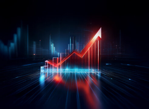 A vibrant, upward-trending graph glows brightly against a dark, futuristic cityscape backdrop, symbolizing growth and progress in a technological landscape.