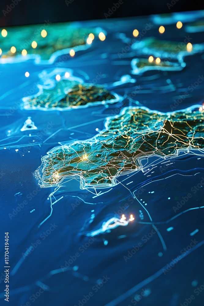 Aufkleber a stylized 3d map of coastal areas with glowing gis routes and data overlays.