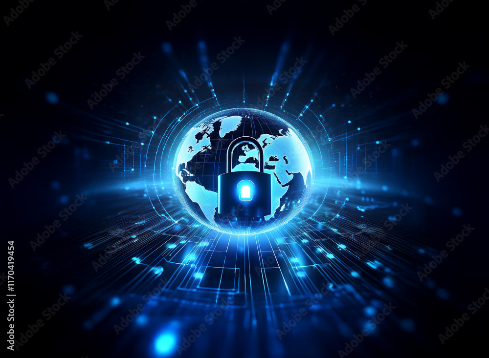 Aufkleber glowing digital globe with a padlock at its center, symbolizing global cybersecurity and data protec