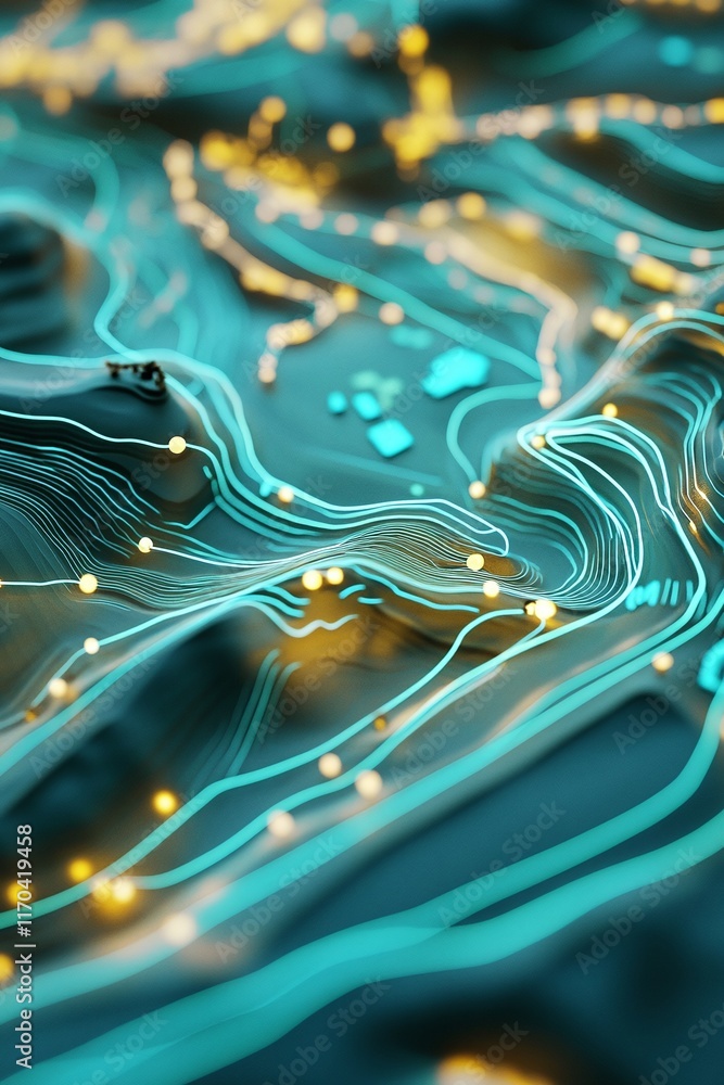 Poster a stylized 3d map of coastal areas with glowing gis routes and data overlays.