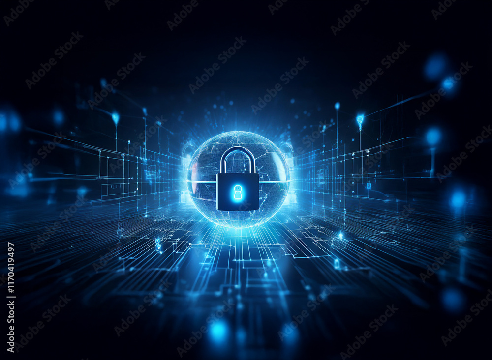 Poster cybersecurity concept: a glowing blue padlock inside a sphere, symbolizing digital protection within