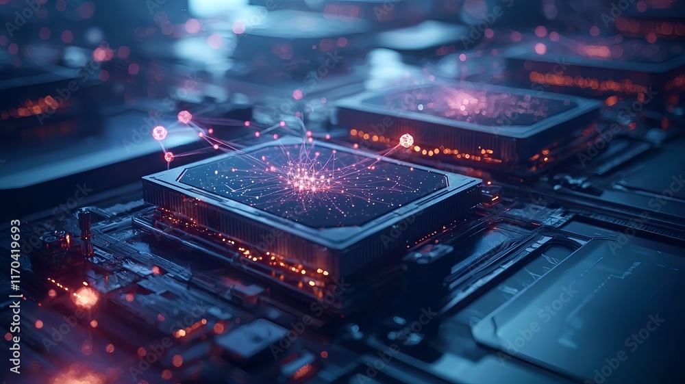 Poster futuristic visualization of a quantum network connecting multiple quantum computers with glowing ent