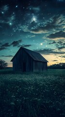 Fototapeta premium Enchanting night sky over a rustic barn surrounded by wildflowers.