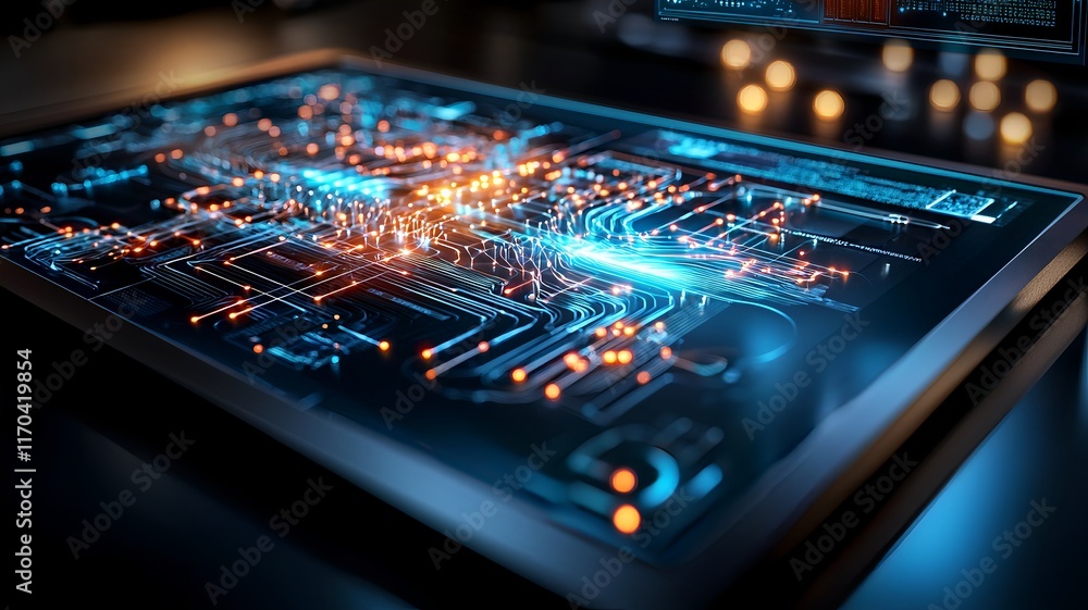 Poster illuminating close up of photonic quantum circuits with vibrant light paths seamlessly integrated wi