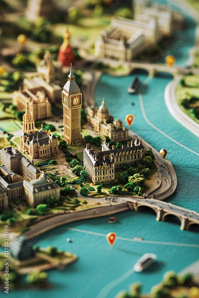 Poster a vibrant 3d map of tourist landmarks with gis pins and connection routes.